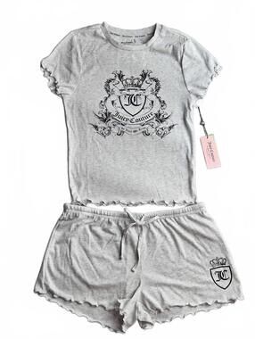 Juicy Couture Pajama Set of 2 Medium Grey Crest Logo Sleepwear Top & Shorts D/83